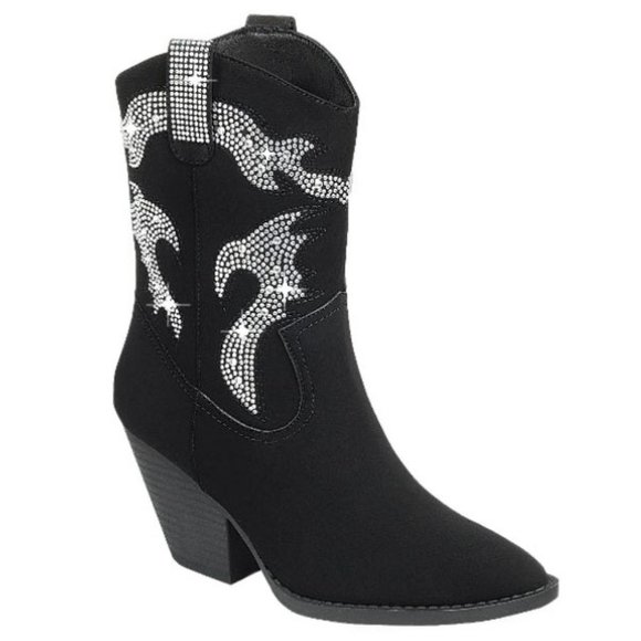 New Womens Black Rhinestone Blingy Western Cowboy Ankle Boots Booties - Picture 3 of 7